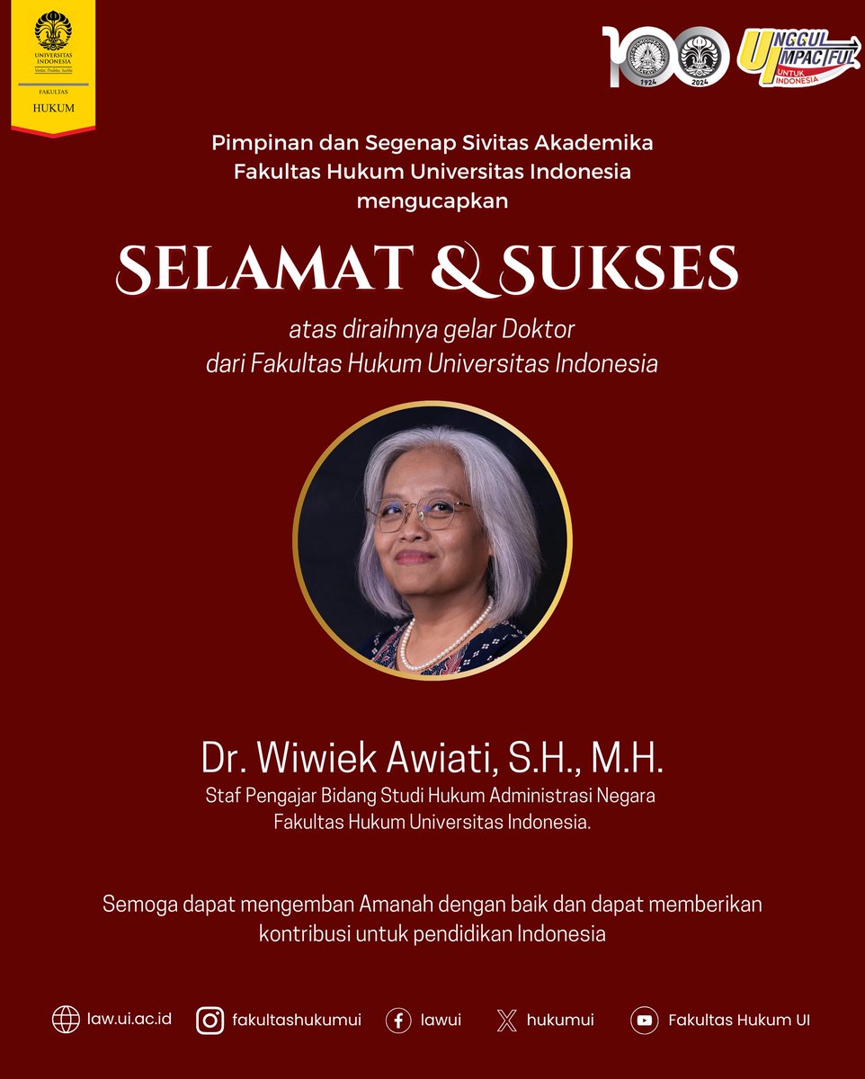 Pimpinan dan segenap sivitas akademika Fakultas Hukum Universitas Indonesia mengucapkan selamat kepada Dr. Wiwiek Awiati, S.H., M.H.