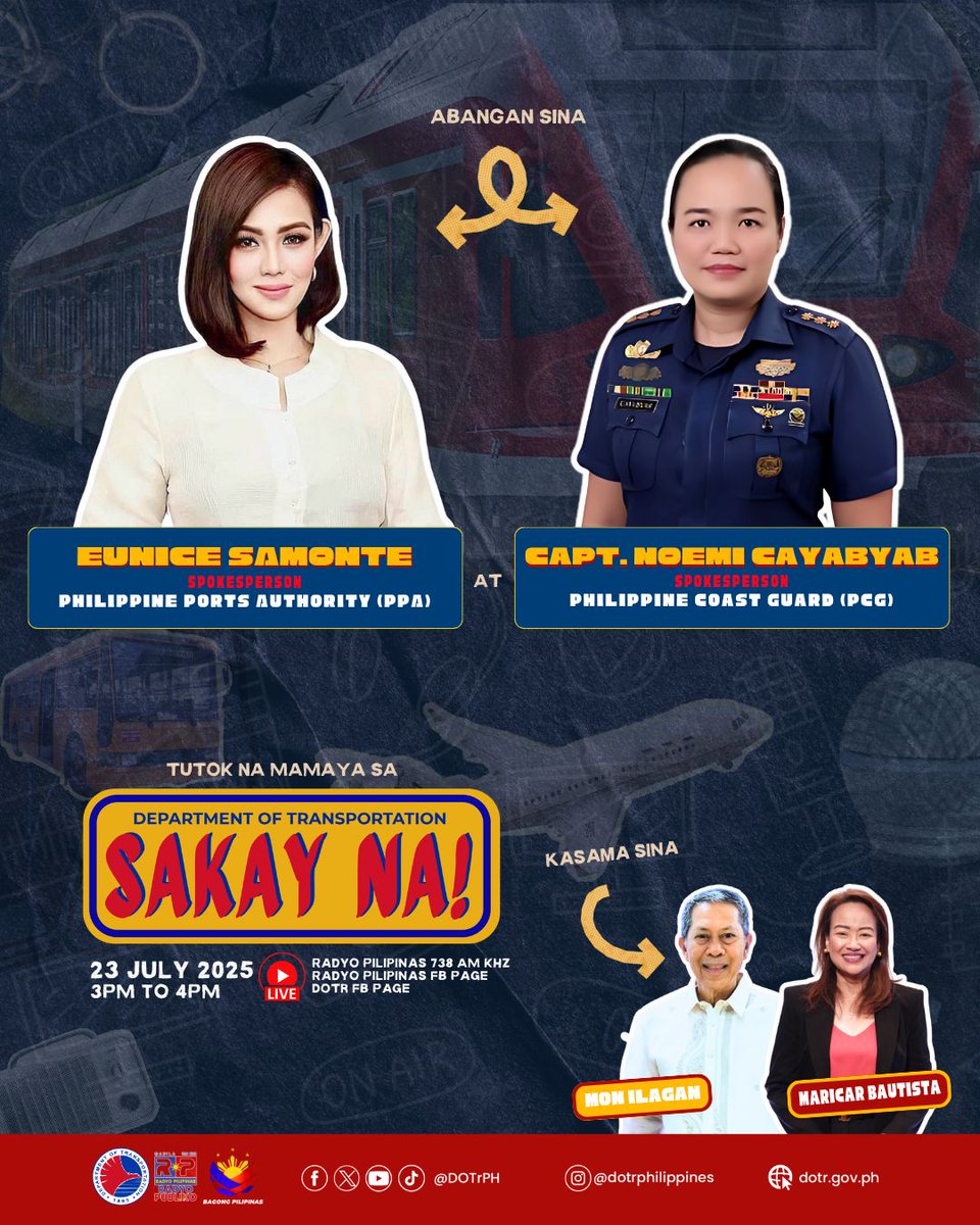 DOTrPH's tweet image. 𝐀𝐁𝐀𝐍𝐆𝐀𝐍 𝐒𝐀 ‘𝐒𝐀𝐊𝐀𝐘 𝐍𝐀!’ 𝐒𝐀 𝐑𝐀𝐃𝐘𝐎 𝐀𝐍𝐆 𝐏𝐏𝐀 𝐀𝐓 𝐏𝐂𝐆!

Sa ika-28 episode ng Sakay Na!, makakapanayam natin sina PPA Spokesperson Eunice Samonte at PCG Spokesperson Capt. Noemi Cayabyab.

#DOTrPH🇵🇭 #DOTrSakayNasaRadyo #BagongPilipinas #EP29
