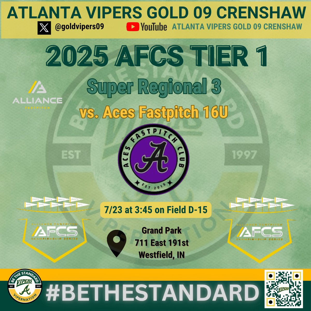 Atlanta Vipers Gold ‘09 - Crenshaw (@goldvipers09) on Twitter photo Regional #1 Seed ✅
Tier 1 ✅
Great win today vs. an excellent Corona Angels team!
<a href="/WrigleyMegan28/">Megan Wrigley</a> and <a href="/Kperdue2028/">Kaelin Perdue</a> pitched excellent!
<a href="/KhalerZ35/">Makenzie Khaler</a> and <a href="/WrigleyMegan28/">Megan Wrigley</a> both hit a 💣 to help secure the win!
Tier 1 Super Regionals begin at 3:45 on Field D-15 at Grand Park!
🐍 Regional #1 Seed ✅
Tier 1 ✅
Great win today vs. an excellent Corona Angels team!
<a href="/WrigleyMegan28/">Megan Wrigley</a> and <a href="/Kperdue2028/">Kaelin Perdue</a> pitched excellent!
<a href="/KhalerZ35/">Makenzie Khaler</a> and <a href="/WrigleyMegan28/">Megan Wrigley</a> both hit a 💣 to help secure the win!
Tier 1 Super Regionals begin at 3:45 on Field D-15 at Grand Park!
🐍