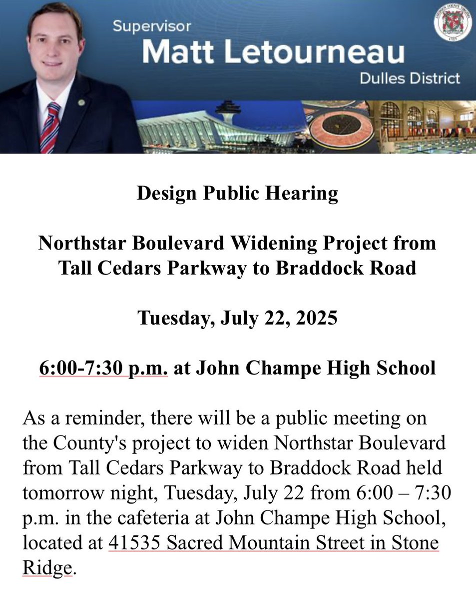 munozforva's tweet image. I want to thank Supervisor Matt Letourneau for his continued accessibility and commitment to the good citizens of the Dulles District. His recent update on the Northstar Boulevard Widening Project is a clear example of servant leadership in action.
This long-awaited…