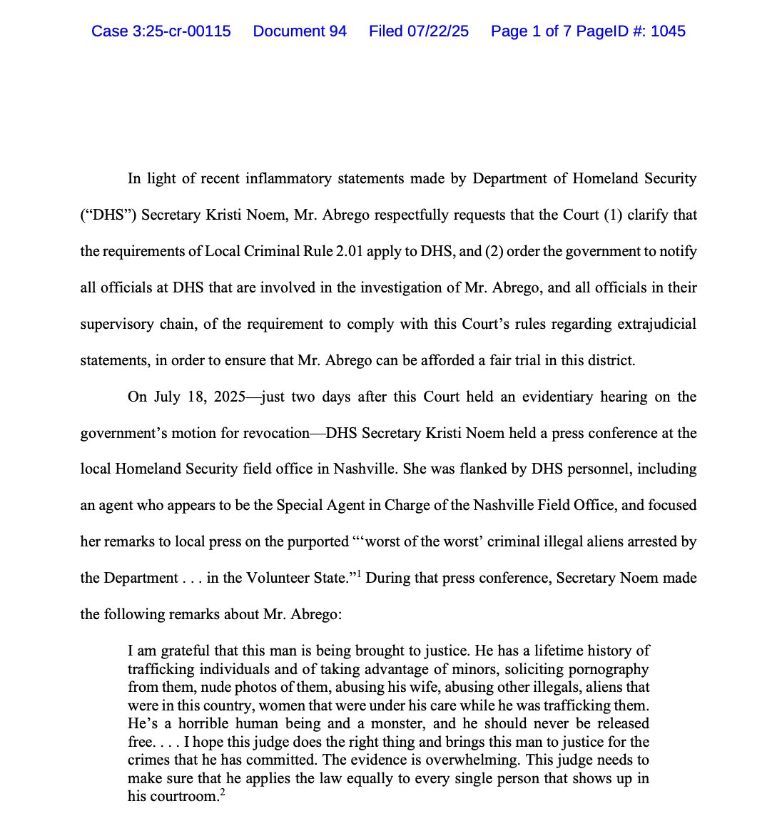 GaryGrumbach's tweet image. Kilmar Abrego Garcia’s attorneys are asking a federal judge in Tennessee to order the Trump administration to stop making extrajudicial statements about Abrego, to ensure he can be afforded a fair trial in the Middle District of Tennessee, where he is facing smuggling charges.