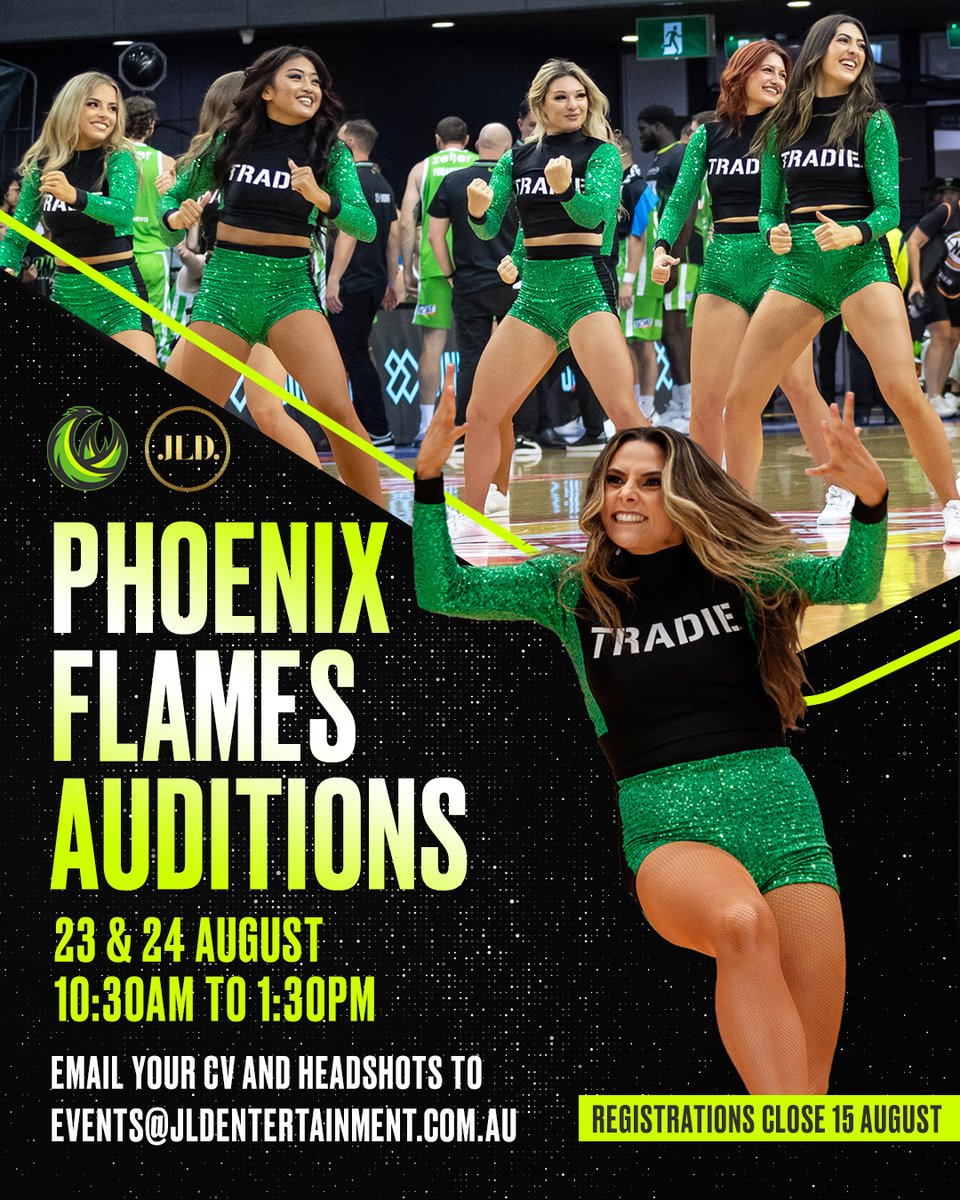 SEMelbPhoenix's tweet image. Want to be part of the TRADIE Phoenix Flames? 🔥
Auditions are coming up for our NBL26 squad! Email your CV and Headshots to events@jldentertainment by August 15 for your chance to be part of the fun dance group! 💚
