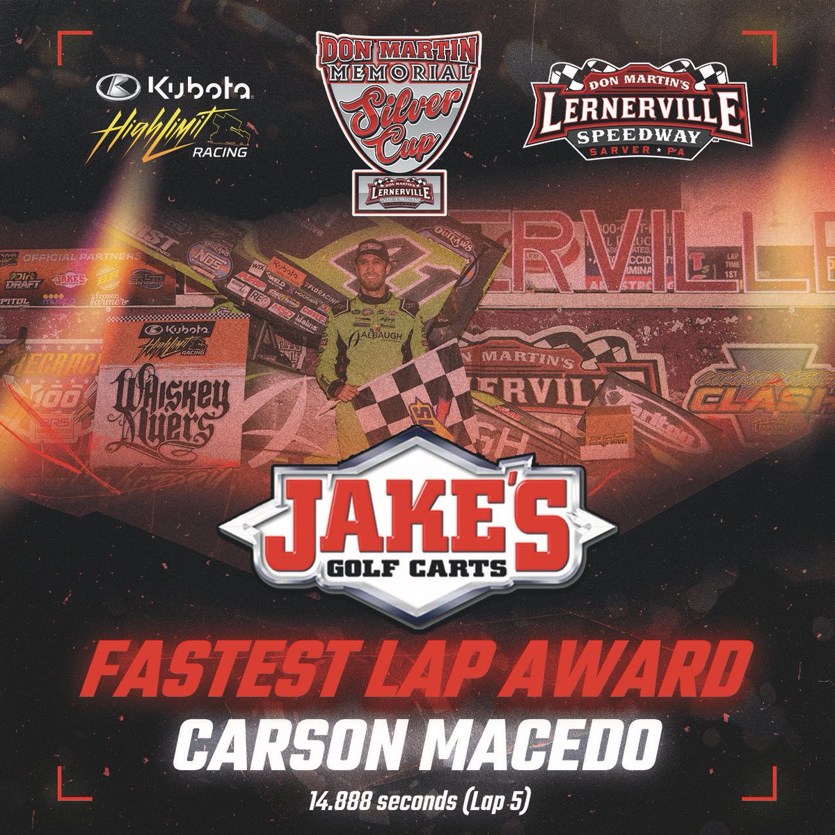 HighLimitRacing's tweet image. En route to his first-career @Kubota_USA High Limit Racing win, @Carson_Macedo also collected Tuesdayโs @JakesGolfCarts Fastest Lap Award at @Lernerville!