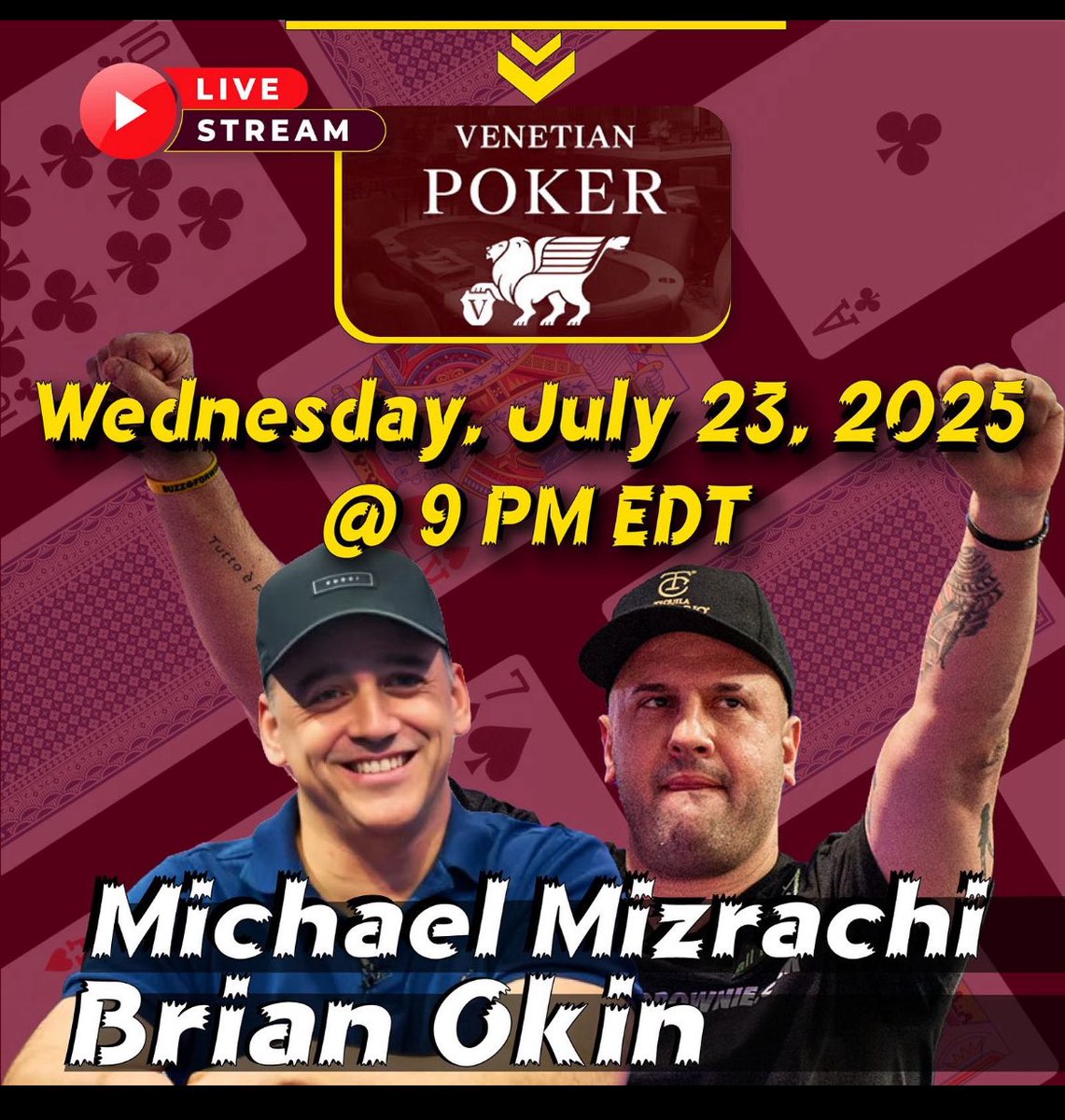 TeamMizrachi's tweet image. Tomorrow @TheGrinder44 plays @VenetianPoker live @BrianOkin game and will it be steaming on @PokerGO + Venetian Poker Live on @YouTube. ~6pm PST.
#TeamMizrachi #Venetian #PokerGo #TheGrinder #Mizrachi #Poker