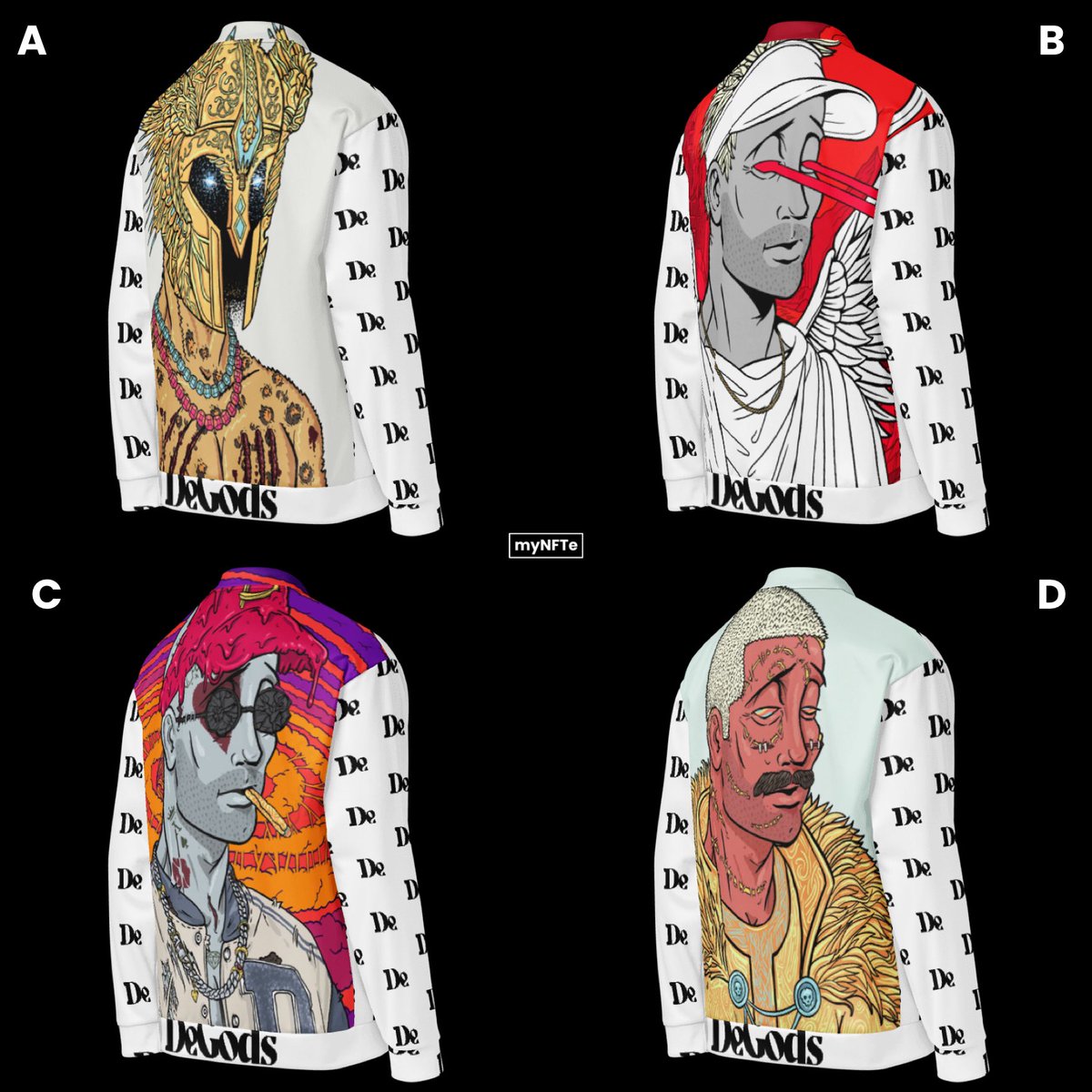mynftecom's tweet image. We picked FOUR 🔥 @DeGodsNFT grails from our last post — now it’s time to crown a winner.
A – @WBuff89
B – @jaydegods
C – @KevinODriscol18
D – @catguy_sol
The top-voted design gets a FREE #myNFTe custom jacket. 🎁
Voting ends in 24 hours. Cast your vote 👇