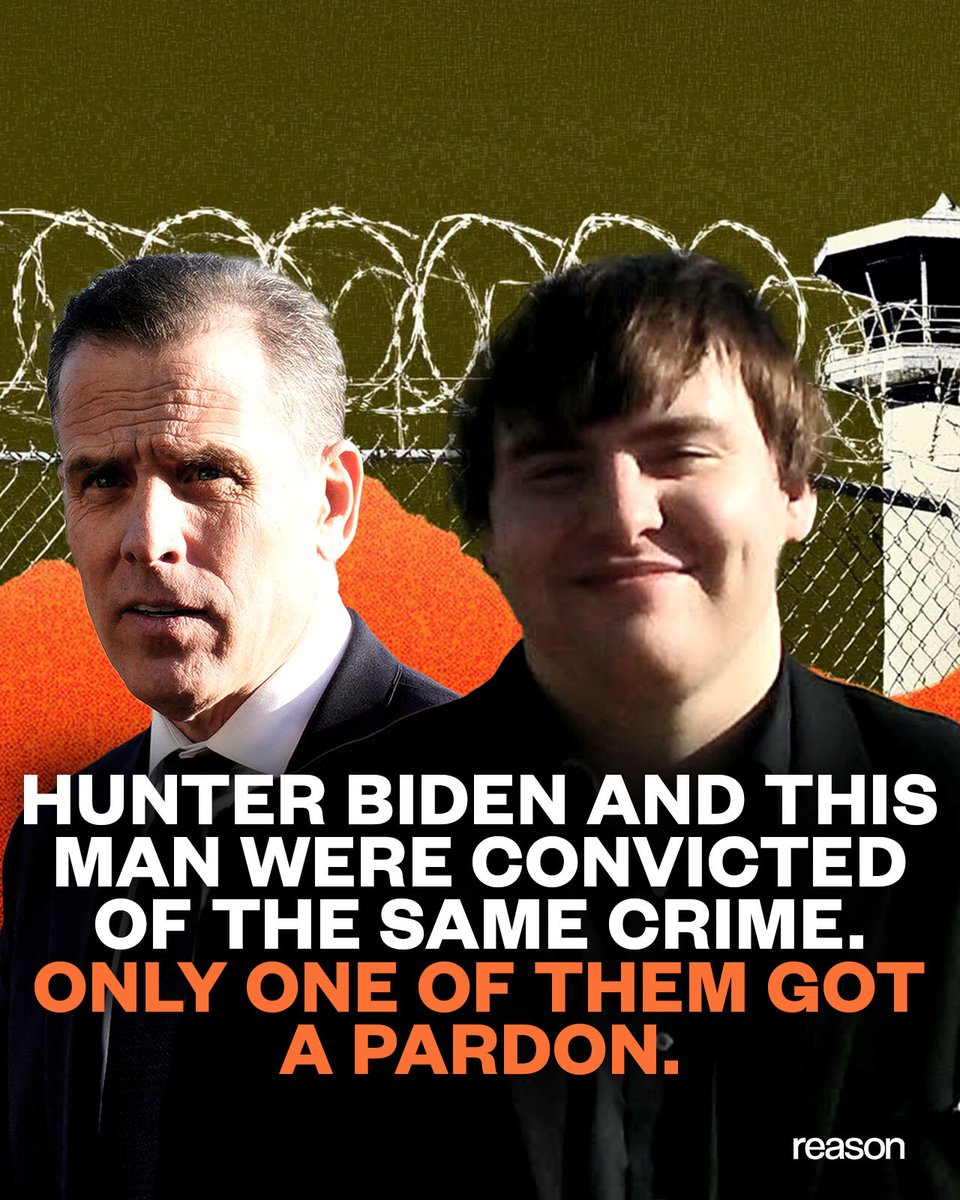 reason's tweet image. Alexander Ledvina was convicted of violating a federal law that bars illegal drug users from owning guns. Exactly a year later, President Joe Biden pardoned his son, Hunter Biden, for committing the same crime.
Read more: reason.pub/4lJRNOd