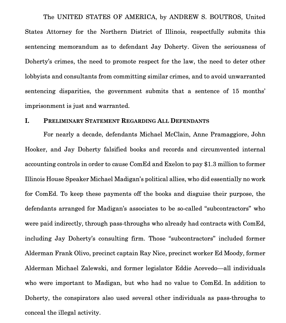 SeidelContent's tweet image. JUST IN: Federal prosecutors seek 15 months in prison for Jay Doherty, the last of the four ComEd defendants to face sentencing over a scheme aimed at ex-IL House Speaker Mike Madigan.
Doherty's sentencing hearing is set for Aug. 5.