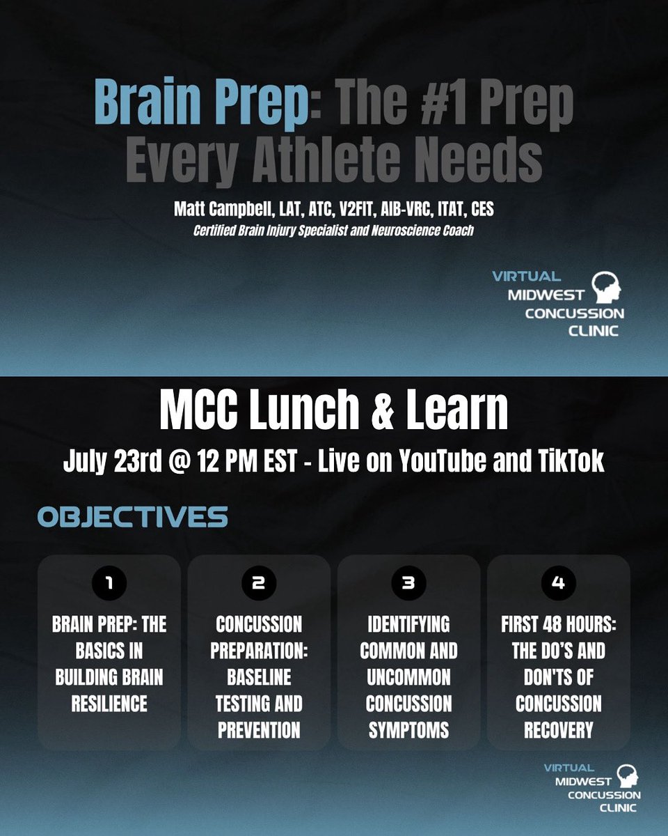 🚨July 23rd | MCC Lunch &amp; Learn | Live On YouTube and TikTok🚨

BRAIN PREP: THE #1 PREP ATHLETES NEED

Join me tomorrow at 12 PM EST live on our YouTube and TikTok as I discuss how to properly prepare your brain for the upcoming sports season!

youtube.com/live/fux_5XXjM…