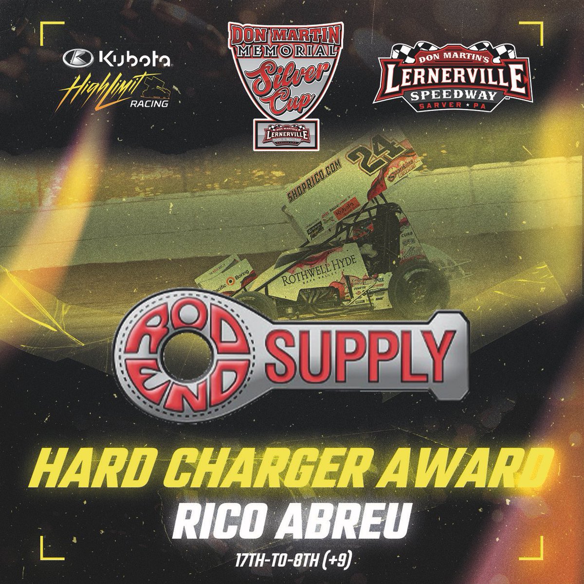 HighLimitRacing's tweet image. .@Rico_Abreu came from 17th-to-8th to earn Tuesdayโs @Rod_End_Supply Hard Charger Award at @Lernerville!
The #24 is now the fourth team within 30-points of the championship lead with @Kubota_USA High Limit Racing.