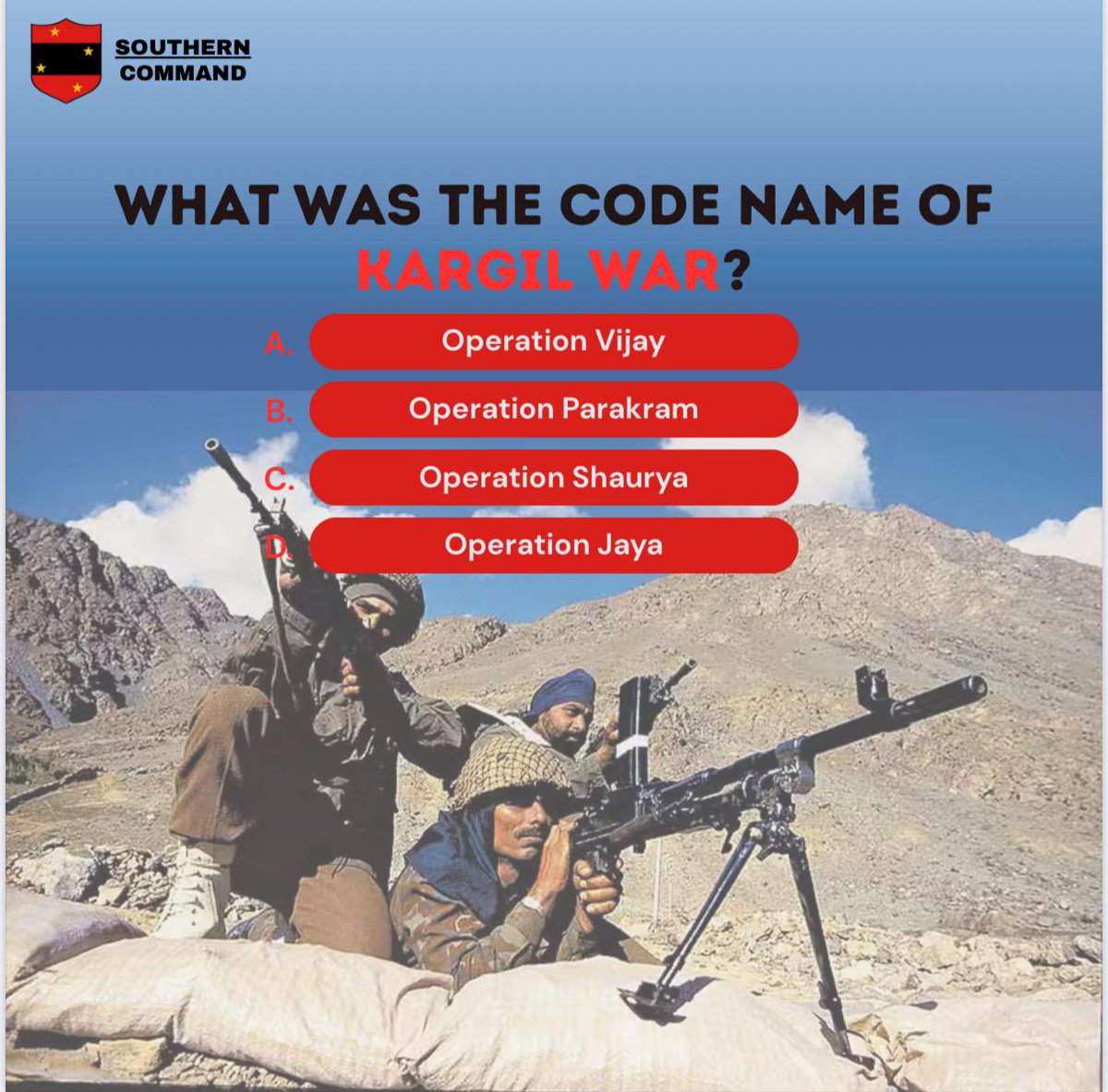 IaSouthern's tweet image. #KargilVijayDiwas2025 #WarriorsOfKargil
𝐊𝐚𝐫𝐠𝐢𝐥 𝐕𝐢𝐣𝐚𝐲 𝐃𝐢𝐰𝐚𝐬 𝐐𝐮𝐢𝐳 𝐂𝐡𝐚𝐥𝐥𝐞𝐧𝐠𝐞
Are you a true patriot? Prove it!
Dive into the pages of history and test your knowledge about India's triumph in the #KargilWar.
Answer the questions, relive the…