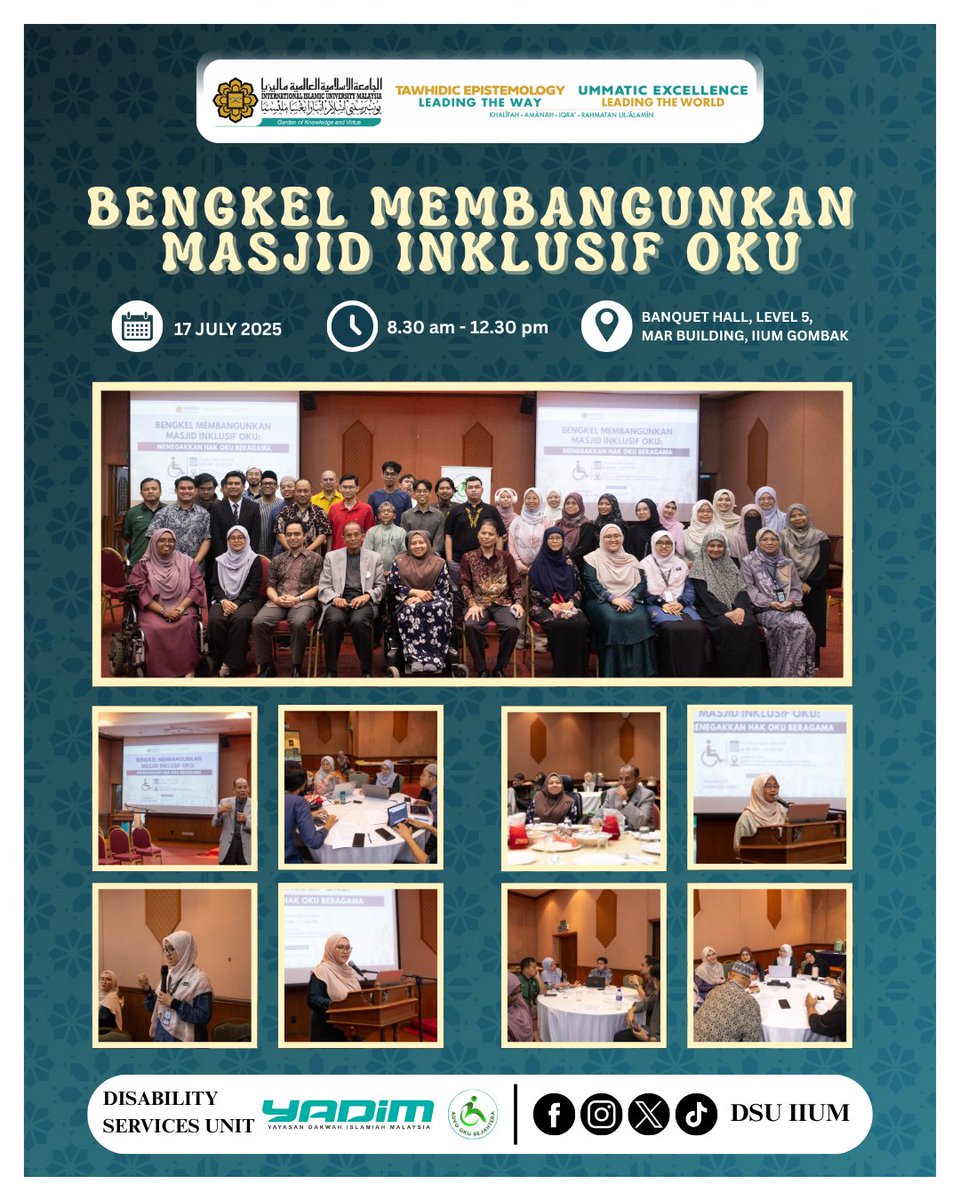 BENGKEL MEMBANGUNKAN MASJID INKLUSIF OKU: MENEGAKKAN HAK OKU BERAGAMA

Alhamdulillah DSU IIUM, YADIM &amp; ADVO OKU SEJAHTERA held a workshop on building inclusive mosques for PWDs at IIUM Gombak. "BENGKEL MASJID INKLUSIF OKU" upheld PWDs' rights to worship.  #InclusiveMosque