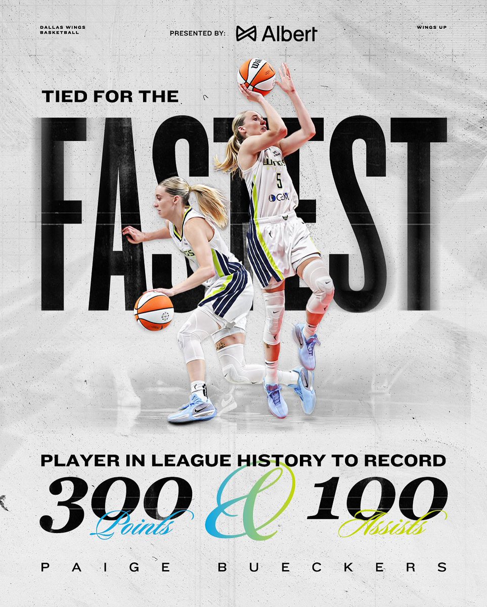 DallasWings's tweet image. A show stopping history maker doing what she does best 👑
Paige Bueckers has officially tied the record for fasted player to secure 300 pts & 100 asts!
@albertapp | #WingsUp