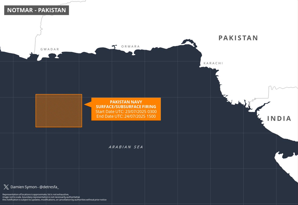 detresfa_'s tweet image. Pakistan issues a new notification for firing by naval ships in the North Arabian Sea Region
Dates: 23-24 July 2025