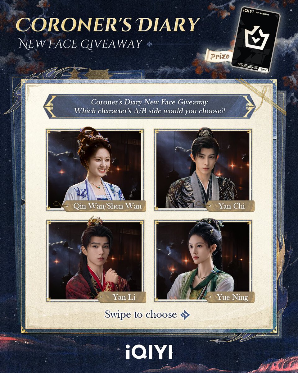 iQIYI's tweet image. 🎭 Coroner's Diary New Face Giveaway
⏳ Period Time
July 23, 12 PM (GMT+8) - July 27, 12 PM (GMT+8)
🏆 Winner Announcement
July 30, 12 PM (GMT+8)
📌 How to Participate
1. Pick character's A/B side: Pick one character, choose either Side A or Side B, then tell us your reason…