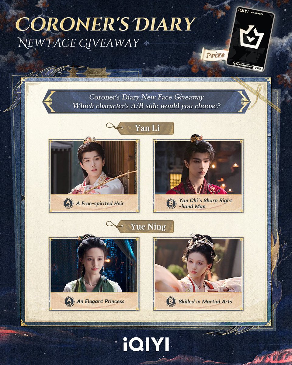 iQIYI's tweet image. 🎭 Coroner's Diary New Face Giveaway
⏳ Period Time
July 23, 12 PM (GMT+8) - July 27, 12 PM (GMT+8)
🏆 Winner Announcement
July 30, 12 PM (GMT+8)
📌 How to Participate
1. Pick character's A/B side: Pick one character, choose either Side A or Side B, then tell us your reason…