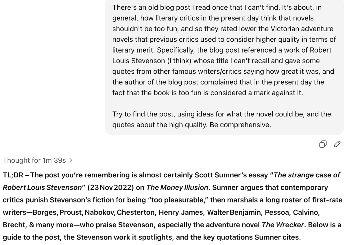 panickssery's tweet image. I love ChatGPT
There are many random blog posts I remember strongly that I assumed I would never find
"Random Quora answers" mostly remain elusive, and the one "random WallStreetOasis reply" is probably never going to be found and may have been a hallucination to begin with