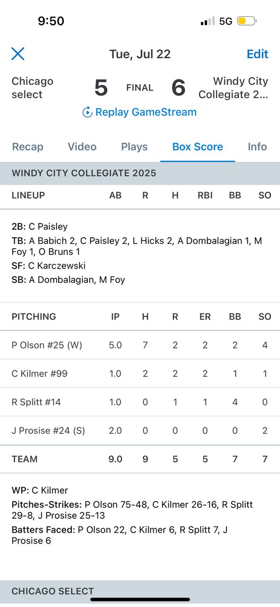 <a href="/WCbaseballclub/">Windy City Baseball</a> Collegiate took sole possession of first place tonight!

<a href="/AramDombalagian/">Aram Dombalagian</a> 1-3 2RBI SB
<a href="/lucas23hicks/">Lucas Hicks</a> 2-4
<a href="/AlexBabich26/">Alex Babich</a> 2-4 R
<a href="/Owen_Bruns/">Owen Bruns</a> 1-3
<a href="/callum_paisley/">Callum Paisley</a> 1-4 2B RBI
<a href="/FoyMyles73644/">Myles</a> 1-1 RBI 2BBs
<a href="/porter_olson25/">Porter Olson</a> 5 IP W 2ER 4Ks
<a href="/josh_prosise/">Josh Prosise</a>  2IP SAVE 2Ks