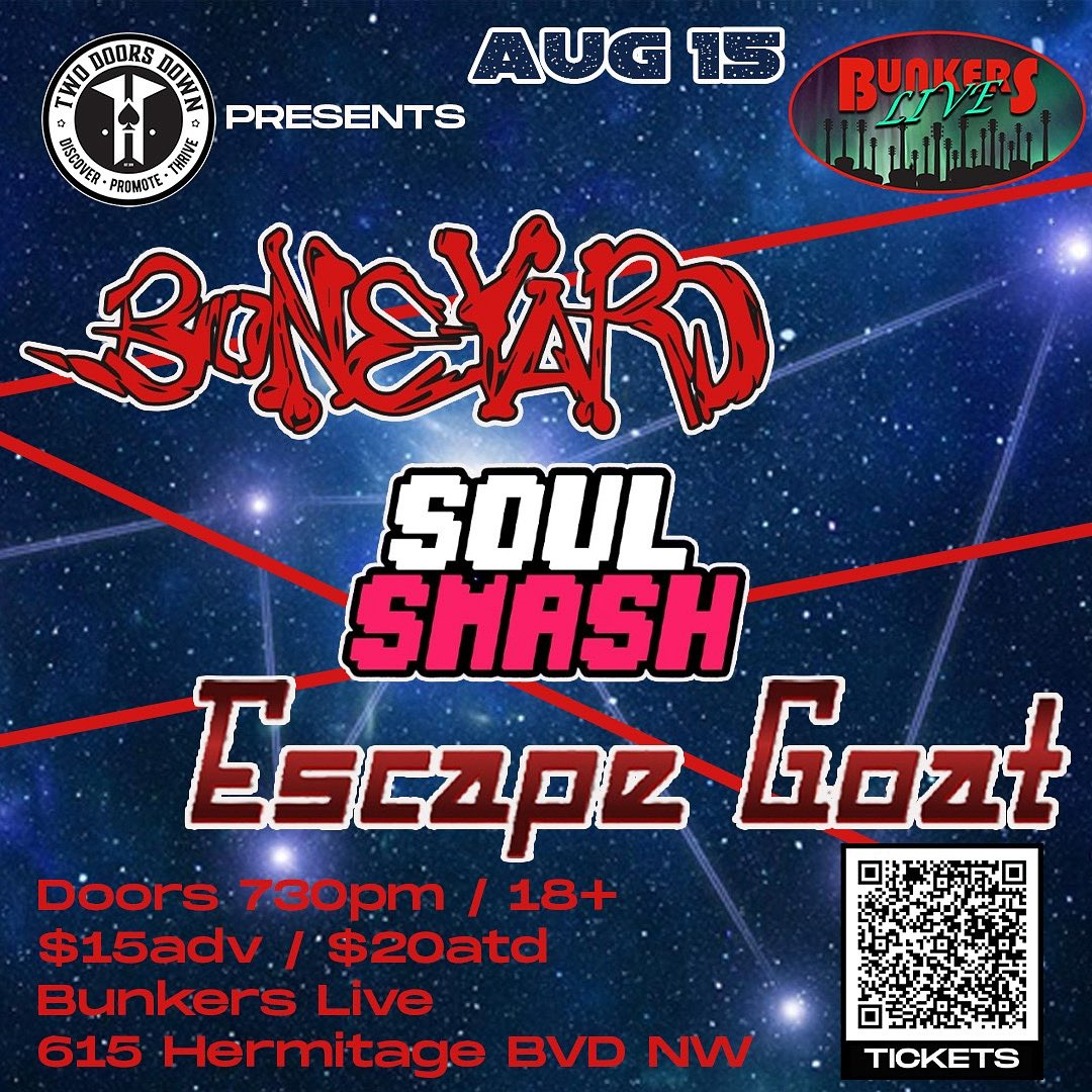 Next show: Friday, August 15th in Edmonton!

🎟️ TICKETS:
$15 in advance ($20 at the door)

2doorsdown.ticketspice.com/aug-15-boneyar…

ℹ️ EVENT PAGE:
facebook.com/events/1459316…

#boneyardrocks #yegmusic #yeglive #femaleguitarist #femalebassist #metisdrummer #hardrock #funkrock #melodicmetal #yeg