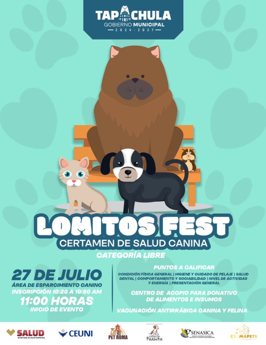 🎉🐾 ¡ESTÁS CORDIALMENTE INVITADO AL LOMITOS FEST! 🐶❤️

La Secretaría de Salud Pública Municipal del H. Ayuntamiento de Tapachula te invita a participar en este gran evento dedicado al bienestar y cuidado de nuestras mascotas.

#VoluntadParaTransformar

facebook.com/share/p/19xkFV…
