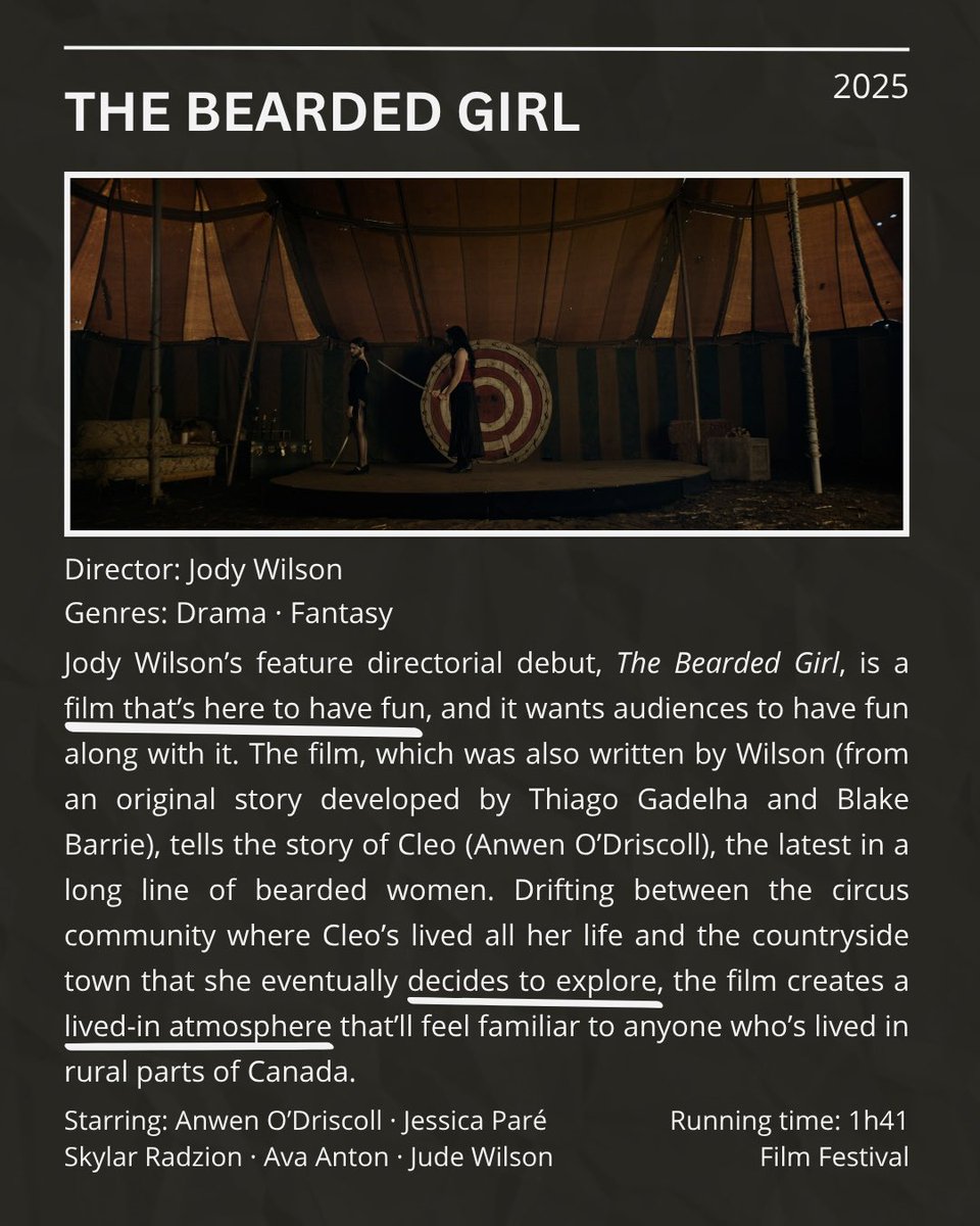 wsptlight's tweet image. Jody Wilson’s feature directorial debut, THE BEARDED GIRL, is a film that’s here to have fun, and it wants audiences to have fun along with it 🎪
Read @andiejane_ review on W Spotlight (wspotlight.blogspot.com/2025/07/the-be…)