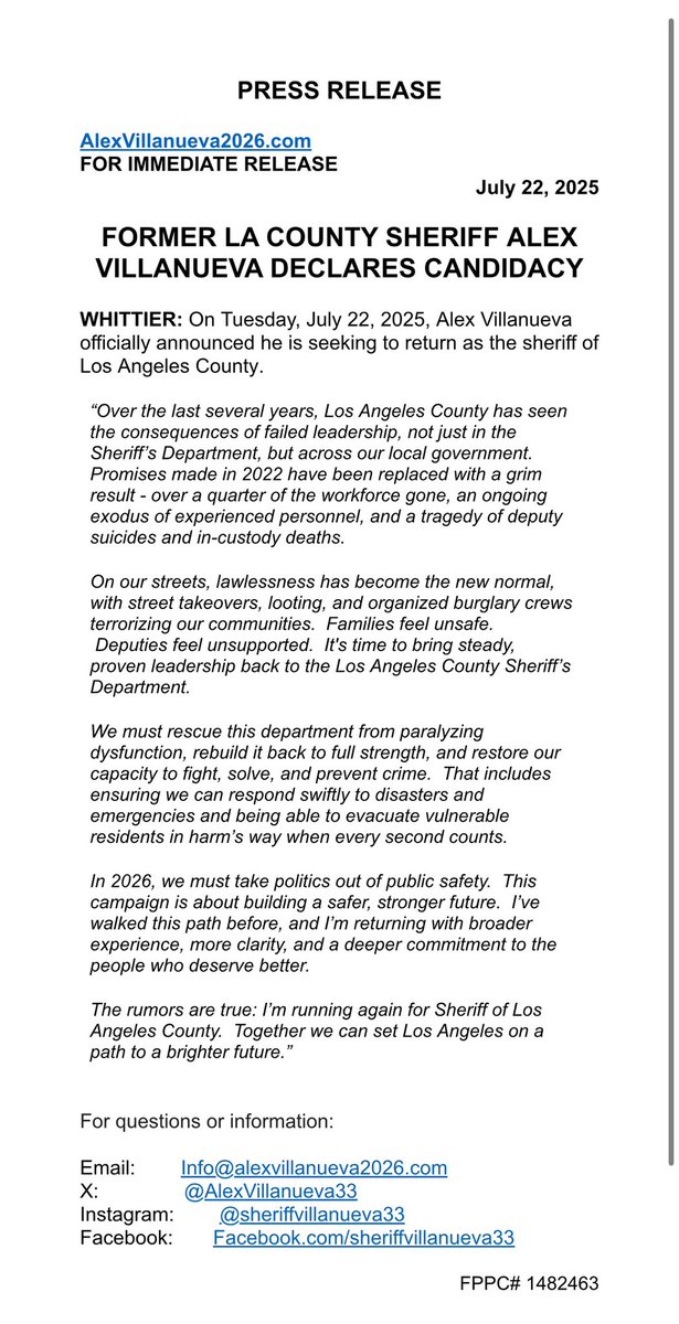 Bill Melugin (@billmelugin_) on Twitter photo BREAKING: Former Los Angeles County Sheriff <a href="/AlexVilanueva33/">Alex Villanueva</a>, who left the Democratic Party earlier this year & joined the Republican Party, officially announces he is running for LA County Sheriff again, citing “failed leadership” in recent years & “lawlessness” on LA streets. BREAKING: Former Los Angeles County Sheriff <a href="/AlexVilanueva33/">Alex Villanueva</a>, who left the Democratic Party earlier this year & joined the Republican Party, officially announces he is running for LA County Sheriff again, citing “failed leadership” in recent years & “lawlessness” on LA streets.