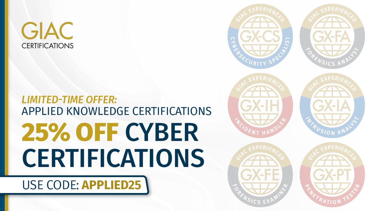 Think you're ready for the next level?

#GIAC #AppliedKnowledge Certifications are more than exams—they simulate real-world environments where your decisions and skills are truly tested.

Take advantage of a limited-time 25% discount. giac.org/u/1BVJ