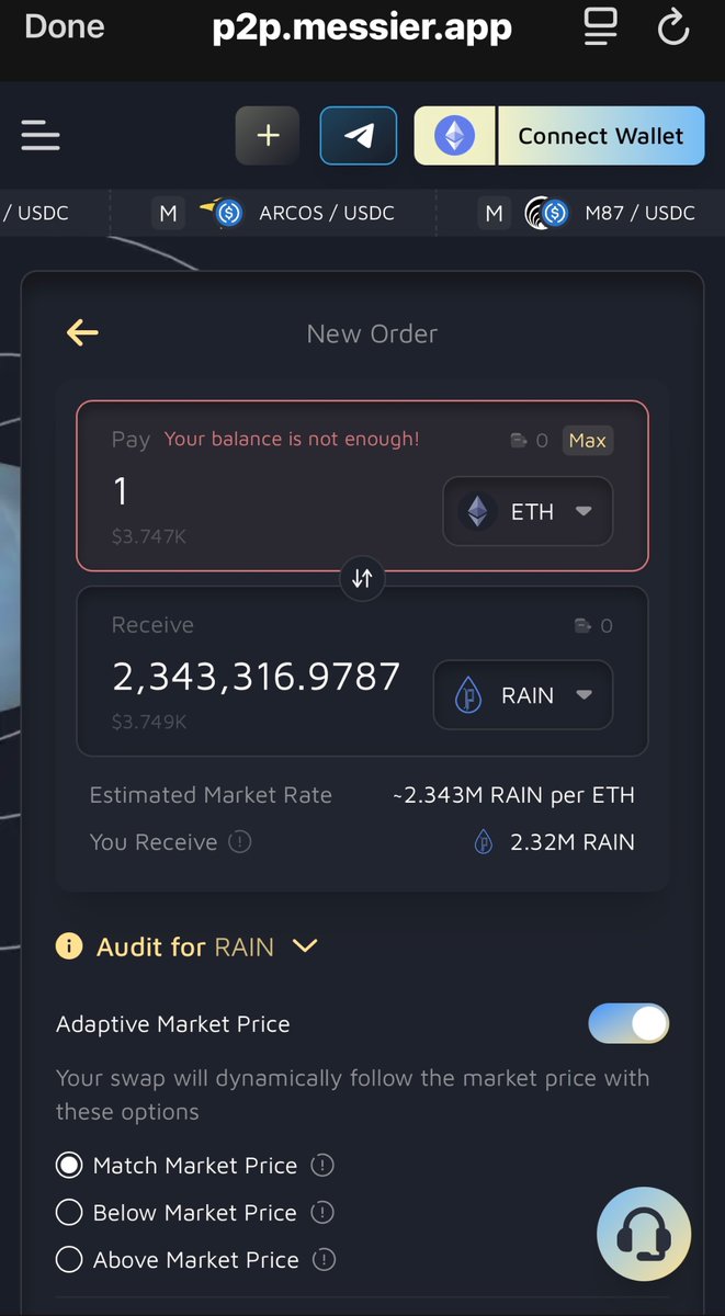 PrecipitateAI's tweet image. Tired of loosing tokens with high slippage ?!!!
🚨 Buy $RAIN now with zero slippage loss and no token taxes!
⚡️ Fast, direct, and peer-to-peer.
🟡 Just head to: p2p.messier.app/market
💧 2.3M+ $RAIN per ETH live 👀
🔁 Anyone can now buy or sell!
#RAIN #Crypto #DeFi #MessierP2P…