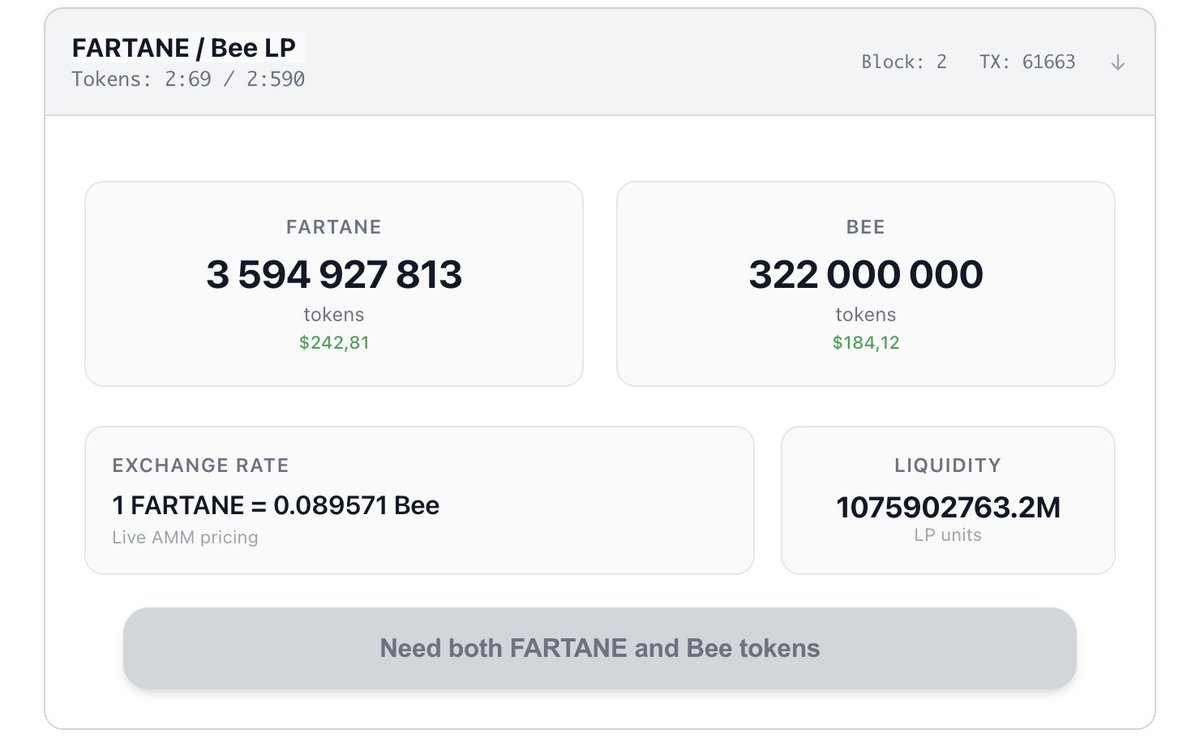 The FARTANE / Bee LP is live
you can add liquidity at sandsend.xyz/add-liquidity 
you can swap at ordiscan.com/alkane/Oyl_AMM…