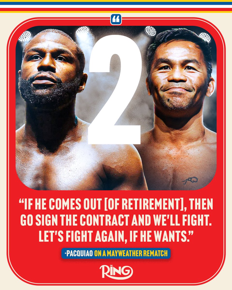 ringmagazine's tweet photo. Manny Pacquiao is open to a rematch with Floyd Mayweather after coming out of retirement.

Is this a fight you’d still be interested in seeing in 2025❓ https://t.co/QQ8XJDthDT
