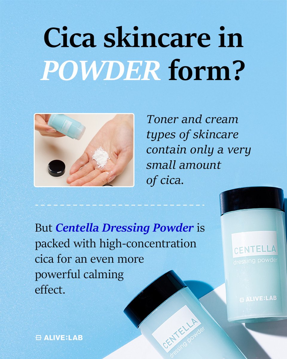 Why did ALIVE:LAB choose to make skincare in a POWDER form? 

Packed with highly concentrated cica, it delivers next-level soothing power🌿

Try our innovative Centella Dressing Powder💚

Available on🛒
linkon.id/alivelab_global

#alivelab #acne #skincare #koreanskincare #kbeauty