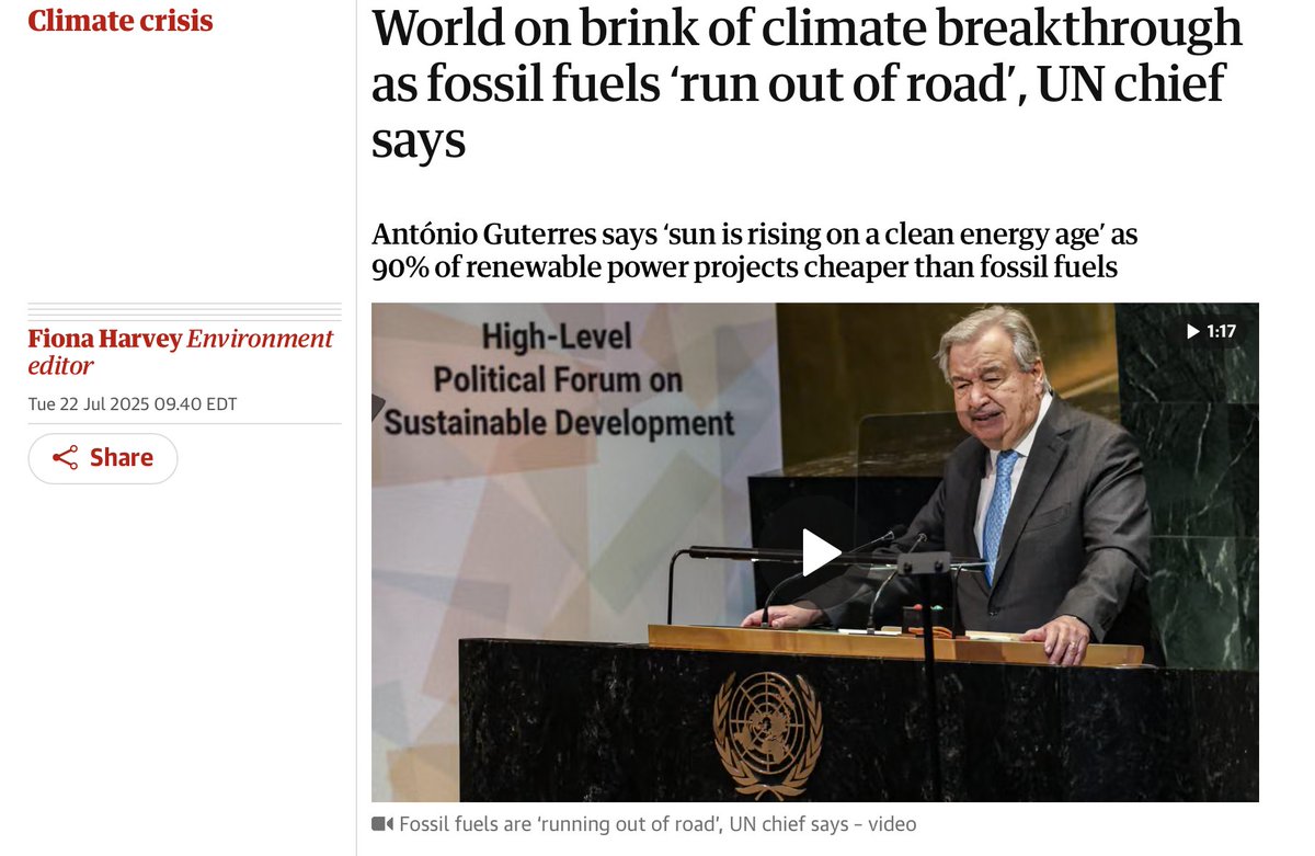 JunkScience's tweet image. Sorry blowhard UN chief @antonioguterres, no wind/solar project is cheaper and more reliable than fossil fuels for a first world industrial economy and standard of living. theguardian.com/environment/20…