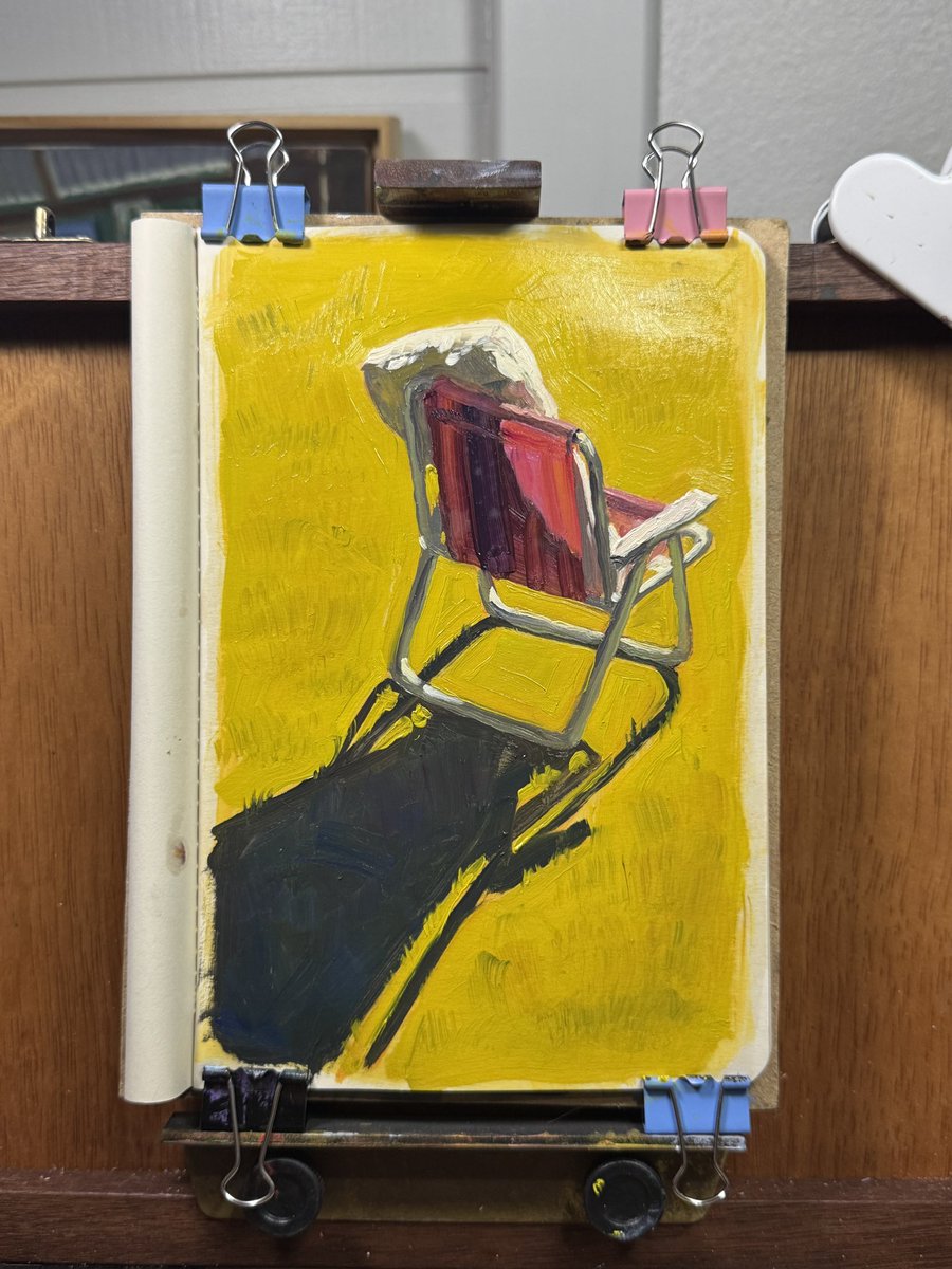 robertrburga's tweet image. Travesseiro secando na cadeira de praia no quintal. Óleo sobre sketchbook