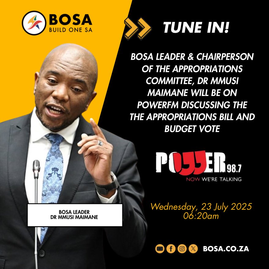 BuildOneSA's tweet image. Tune into PowerFM this morning! BOSA Leader, Dr @MmusiMaimane will be on the show talking about the appropriations bill and budget vote
#BuildOneSA