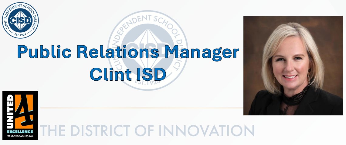 Clint ISD is excited to announce Ms. Deborah Luevanos as Public Relations Manager. Congratulations! <a href="/ClintISD/">Clint ISD</a>
#WeAreClintISD #ClintIsUnited4Excellence
