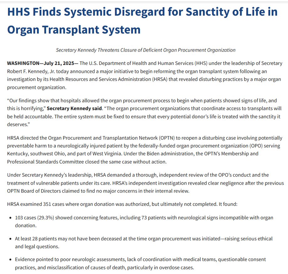 JDunlap1974's tweet image. 🚨🚨 HHS orders reform of organ donation system after investigation finds 'horrifying' practices 'when patients showed signs of life.' 🚨🚨
"Organ donors" are having their organs removed when they're still alive, and often when they're still able to be brought back from the…