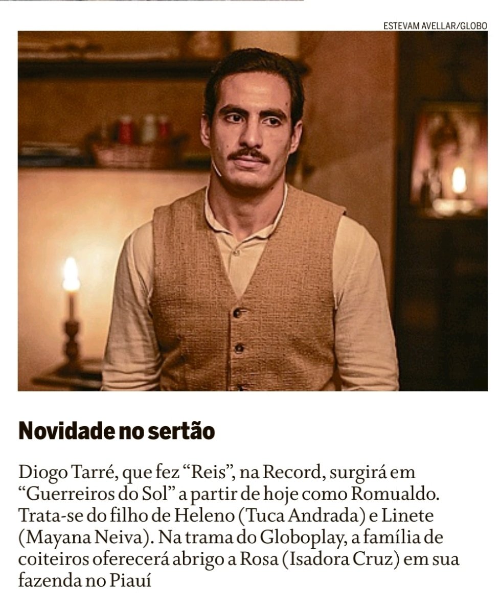 forumeplay's tweet image. Em #GuerreirosDoSol, Diogo Tarré, que fez Reis (Record), entra hoje na trama do Globoplay como Romualdo, filho de Heleno (Tuca Andrada) e Linete (Mayana Neiva). Sua família de coiteiros acolherá Rosa (Isadora Cruz) em sua fazenda no Piauí.
🗞 Coluna Play