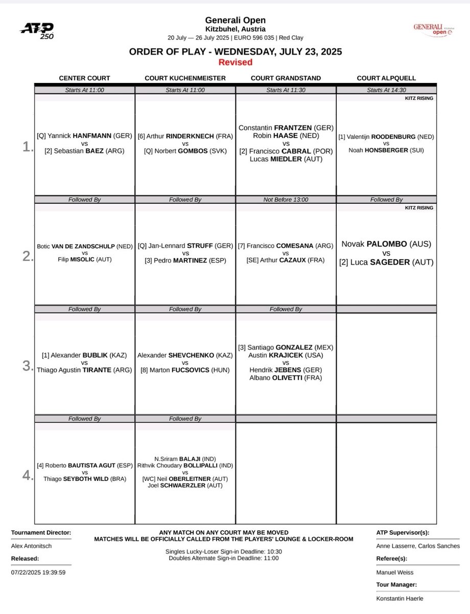 TennisUpdates25's tweet image. Wednesday Order of Plays:
Medvedev has a dangerous opener with Opelka and Vukic has given Fritz trouble before.
Sakkari vs Navarro and Tiafoe vs Kovacevic both good night matches. Also good matches on the 2nd court with Rublev vs Tien and Rybakina vs Mboko.