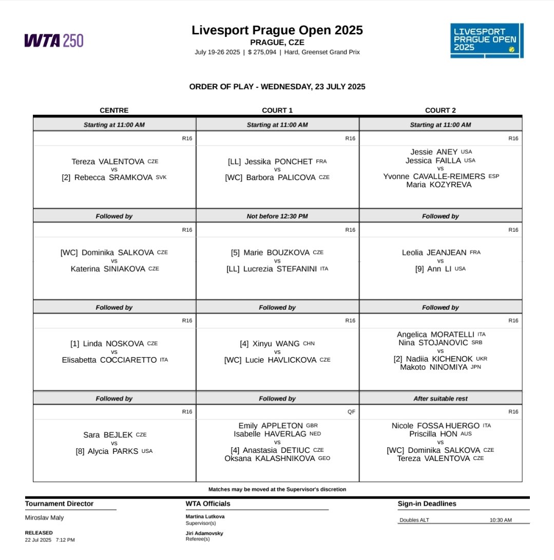 TennisUpdates25's tweet image. Wednesday Order of Plays:
Medvedev has a dangerous opener with Opelka and Vukic has given Fritz trouble before.
Sakkari vs Navarro and Tiafoe vs Kovacevic both good night matches. Also good matches on the 2nd court with Rublev vs Tien and Rybakina vs Mboko.