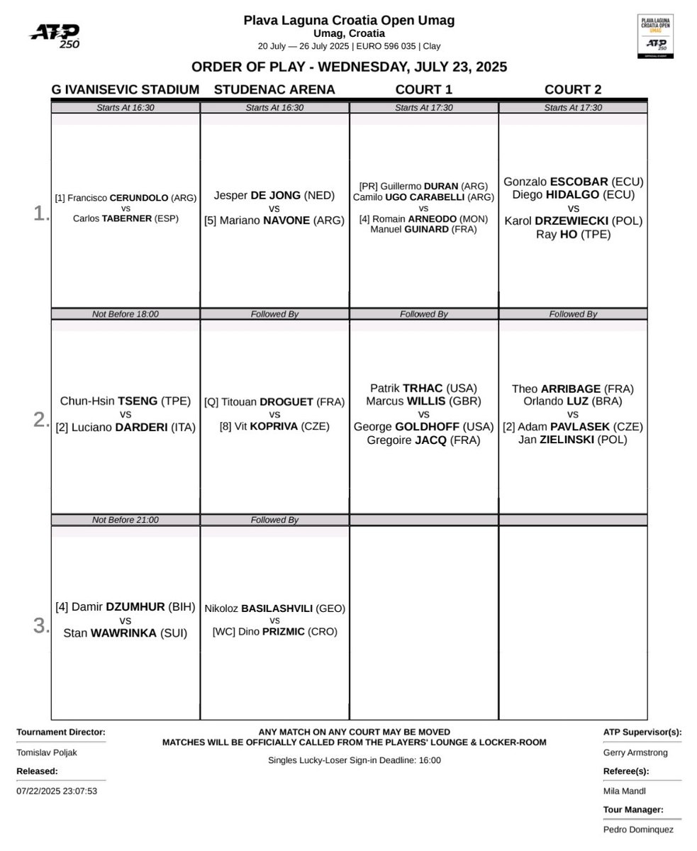 TennisUpdates25's tweet image. Wednesday Order of Plays:
Medvedev has a dangerous opener with Opelka and Vukic has given Fritz trouble before.
Sakkari vs Navarro and Tiafoe vs Kovacevic both good night matches. Also good matches on the 2nd court with Rublev vs Tien and Rybakina vs Mboko.