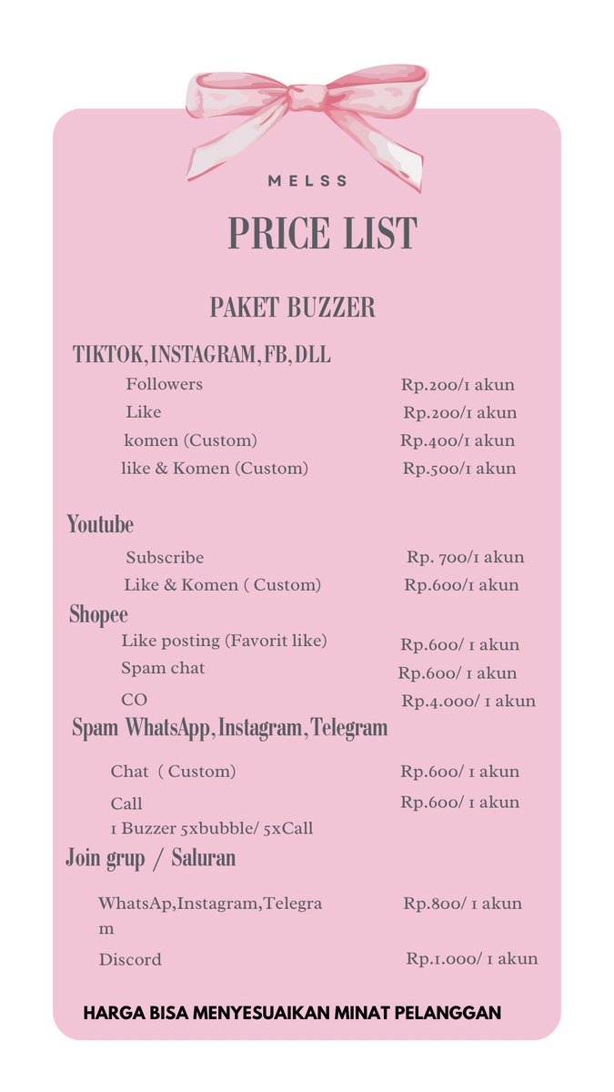 haloo gengss mau kasih tau
Kalau mellsbuzzer
Jual murah
✔️Create gmail Fresh
✔️Like all sosmed
✔️komen all sosmed 
✔️like dan komen all sosmed
✔️ follow all sosmed 
✔️ masuk grub all sosmed
✔️spam call 
✔️spam chat wa 
✔️vote/isi Survey 
✔️ ngefile grub 
✔️DLL 
 #jasabuzzer