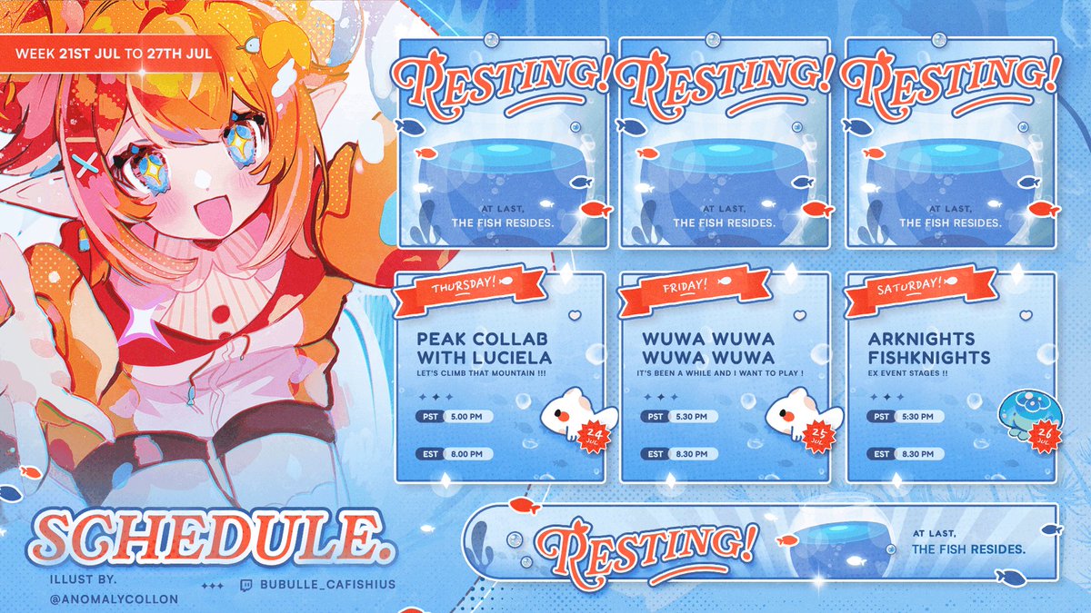 Bubulle_Cafishy's tweet image. Here is this week's schedule !!
This thursday, let's play Peak with Luciela !
I'm really excited to play it !!
Then, let's play more wuwa ! It's been a while ;o;
And finally, let's continue with the Arknights event !!
I'm excited, I'll try to announce something tomorrow
