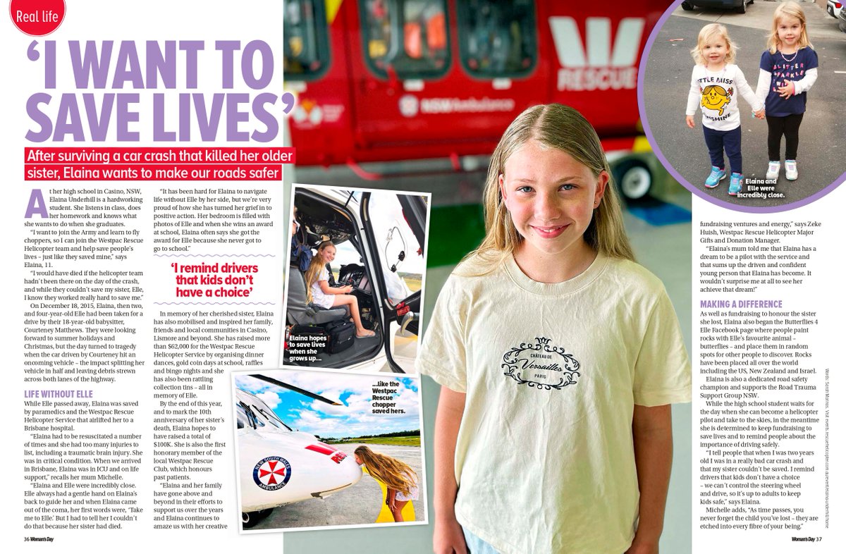 rtsgnsw's tweet image. RTSG family member Elaina was 2 when a distracted driver killed her sister Elle.
She survived - thanks to the @Lifesaverhelo
Now 11, she’s raised $62K (aiming for $100K) in Elle’s honour.
Read her story in the @WomensWeeklyMag
Donate: events.rescuehelicopter.com.au/event/elaina-u…