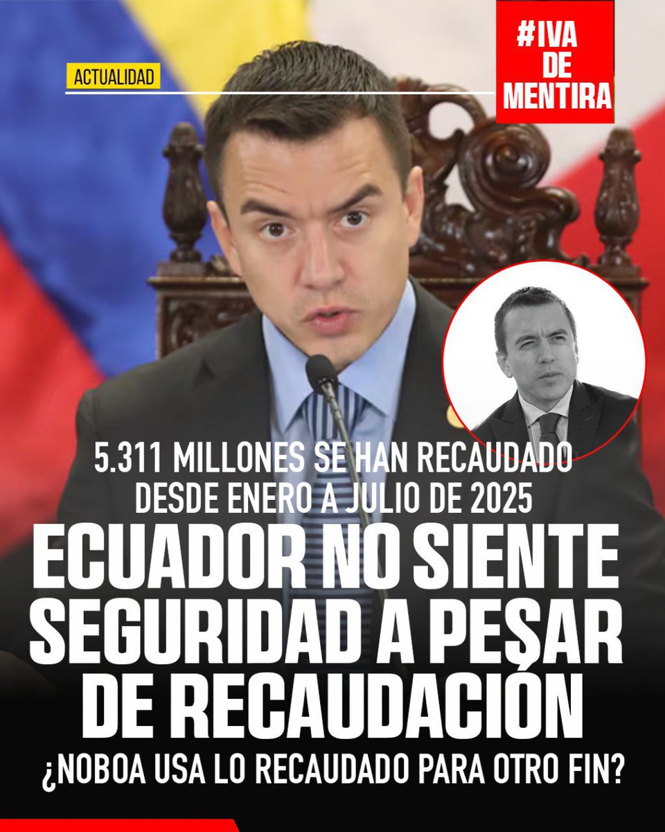 AsPatoChavez's tweet image. #IVAdeLaMentira | De enero a julio de 2025 ya se han recaudado $5.311 millones solo por IVA. Es decir, 17,8% más que el mismo período de 2024. Mientras tanto, el pueblo siente cómo la inseguridad ha desbordado todo límite.