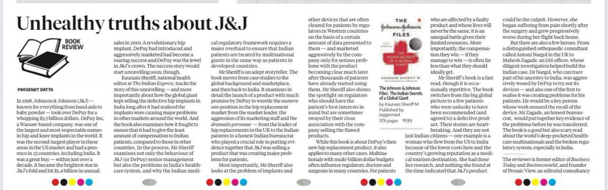 MaheshZagade07's tweet image. Business Standard: TheJ &J Files, Review
“But there are also a few heroes.From Nargol to Mahesh Zagade,an
IAS officer, whose diligent investigation helped
build Indian case. Mr Zagade, an honest bureaucrat,would put together key
evidence of problems before he was transferred”.