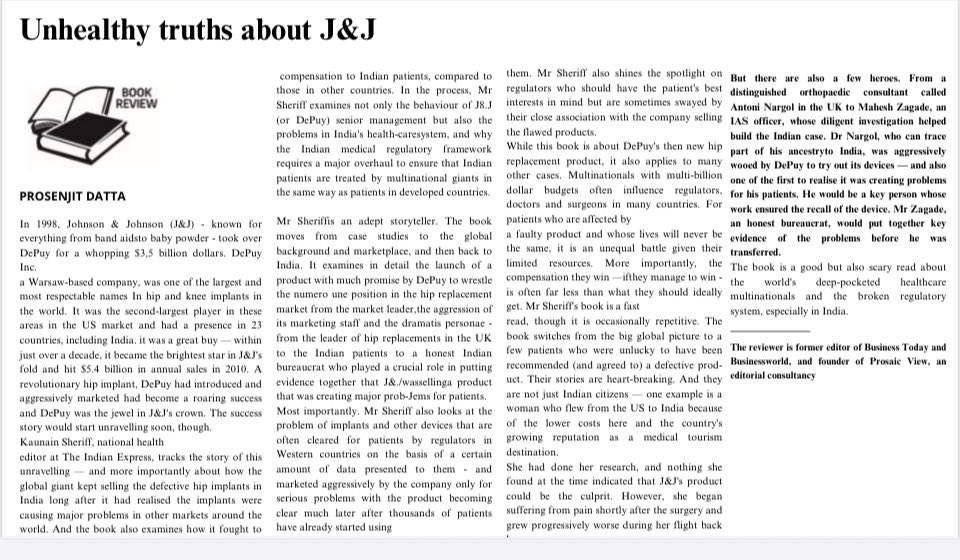 MaheshZagade07's tweet image. Business Standard: TheJ &J Files, Review
“But there are also a few heroes.From Nargol to Mahesh Zagade,an
IAS officer, whose diligent investigation helped
build Indian case. Mr Zagade, an honest bureaucrat,would put together key
evidence of problems before he was transferred”.
