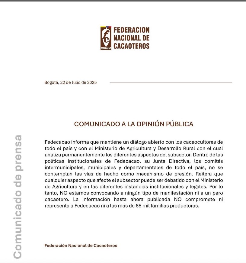 Comunicado de Fedecacao, representante del gremio y los productores ante el Consejo Nacional Cacaotero.