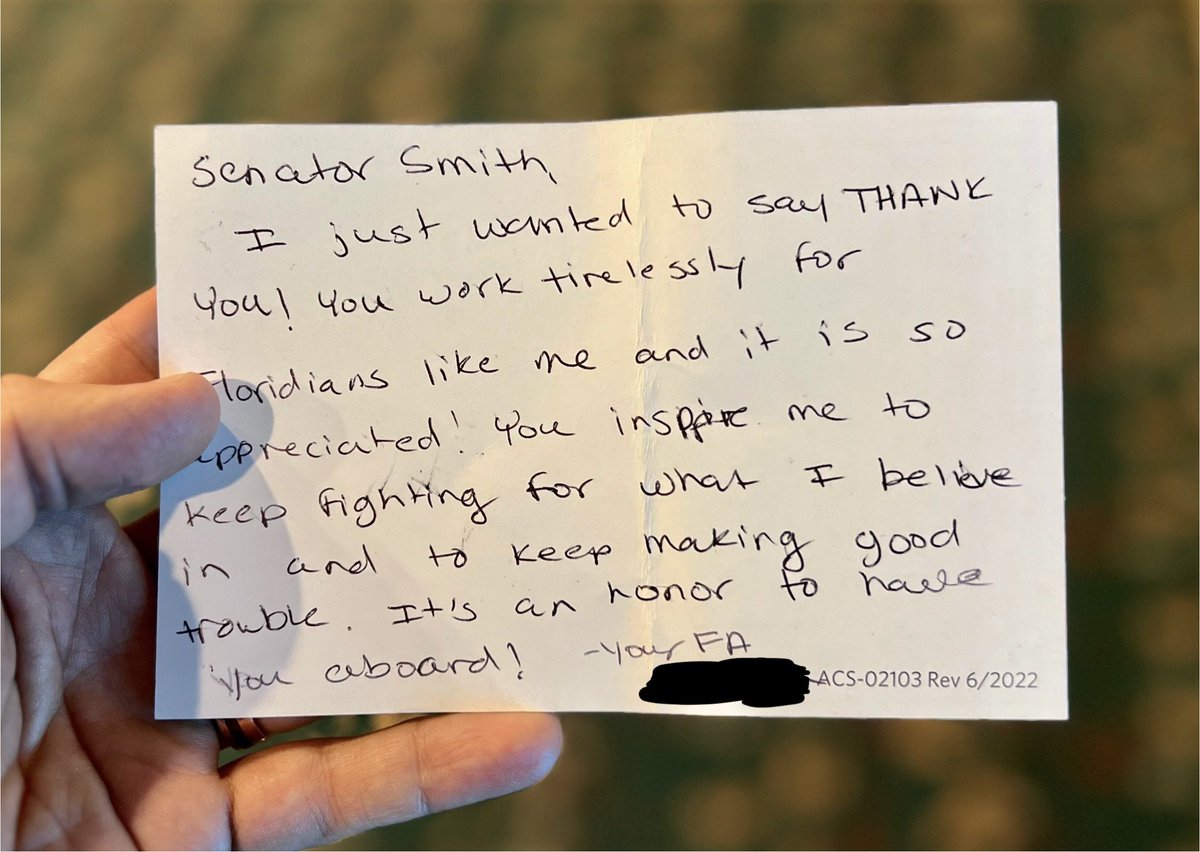 CarlosGSmith's tweet image. Such a sweet note handed to me by a flight attendant on my way back from DC tonight. 🥹
It’s truly an honor to represent the people of Central Florida in the State Senate. 🇺🇸