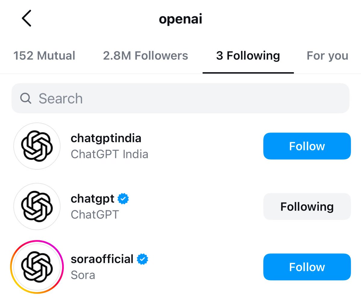 bindra_dhruv's tweet image. The only accounts @OpenAI has created on Instagram. What’s their strat here 🫣