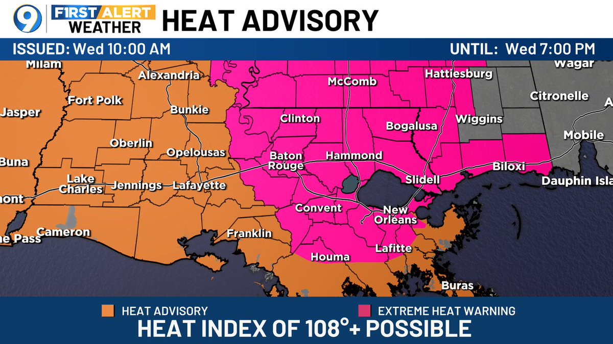 SteveWAFB's tweet image. A Heat Advisory has been posted for the areas in orange. Heat index values could reach/exceed 108 degrees. More >> wafb.com/weather?utm_me… #LAwx