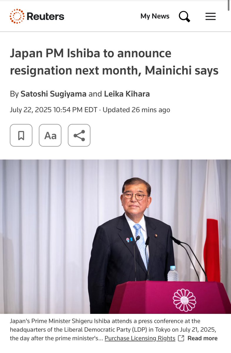 moethajib2's tweet image. Shigeru Ishiba who became Japan's Prime Minister last October 2024 to announce resignation next month per Reuters.